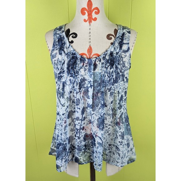 Converse One Star Women's XS Loose Fit Blue Floral Sheer Sleeveless Pleated Top - Picture 1 of 11